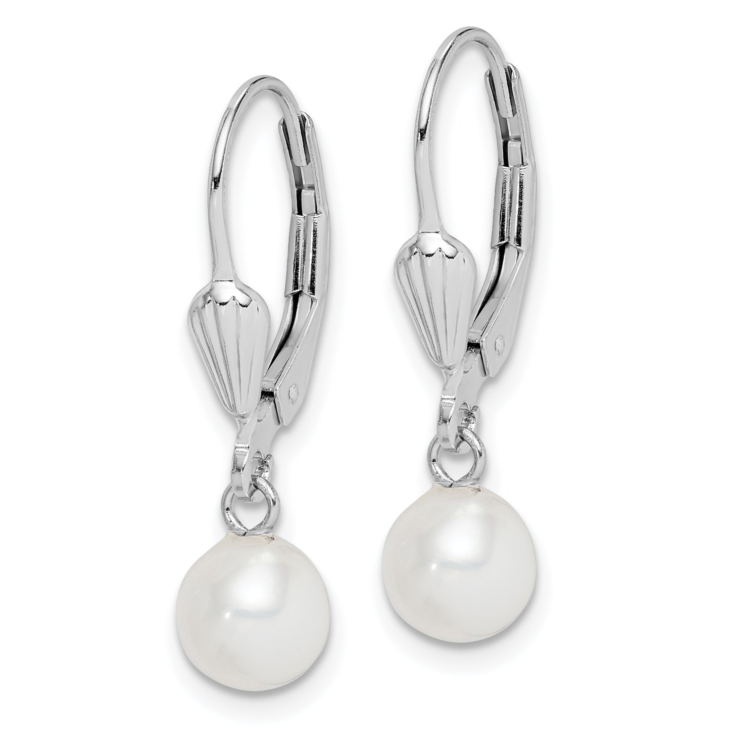 Sterling Silver Rhodium-Plated Polished & Textured White 6-7mm Freshwater Cultured Pearl Leverback Dangle Earrings