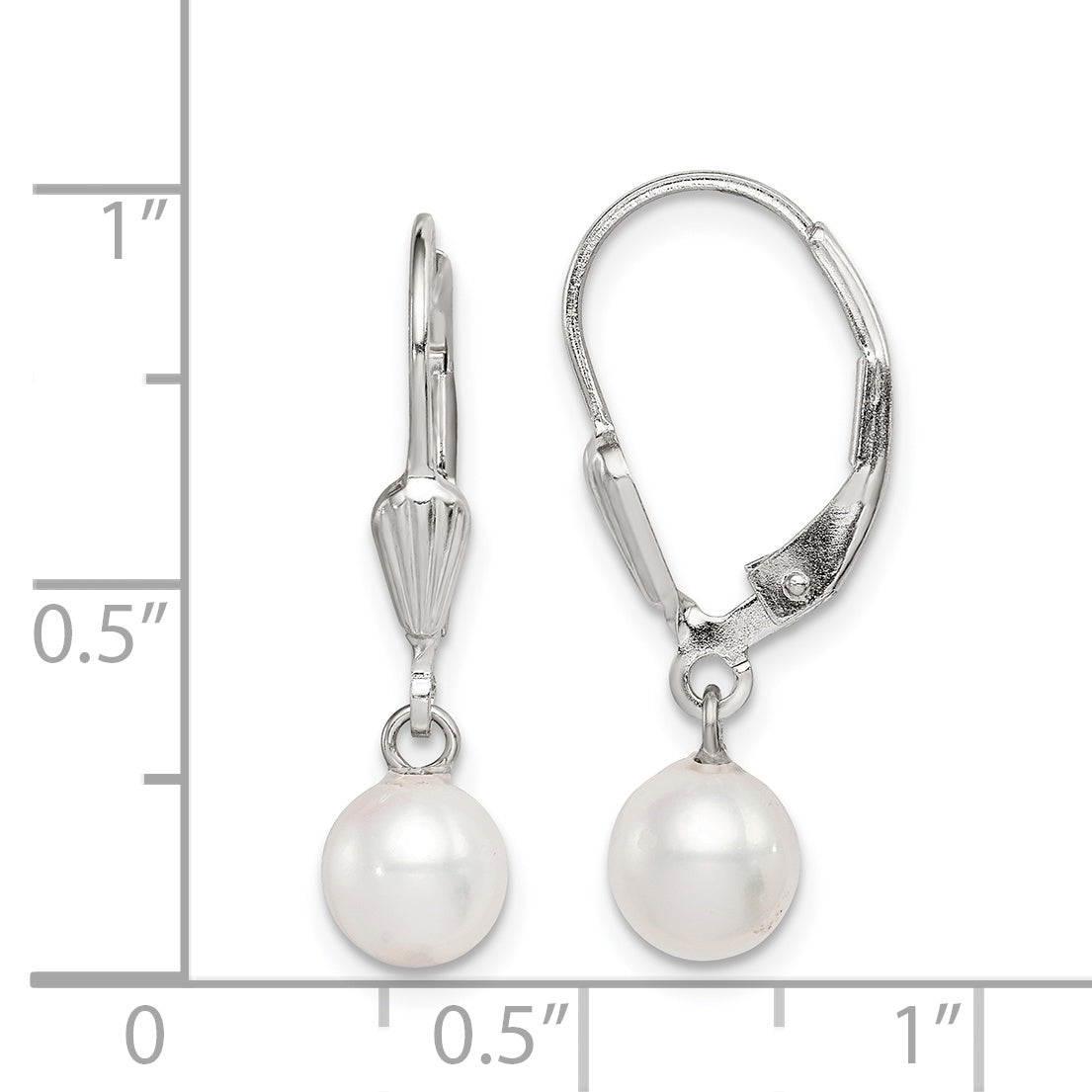 Sterling Silver Rhodium-Plated Polished & Textured White 6-7mm Freshwater Cultured Pearl Leverback Dangle Earrings