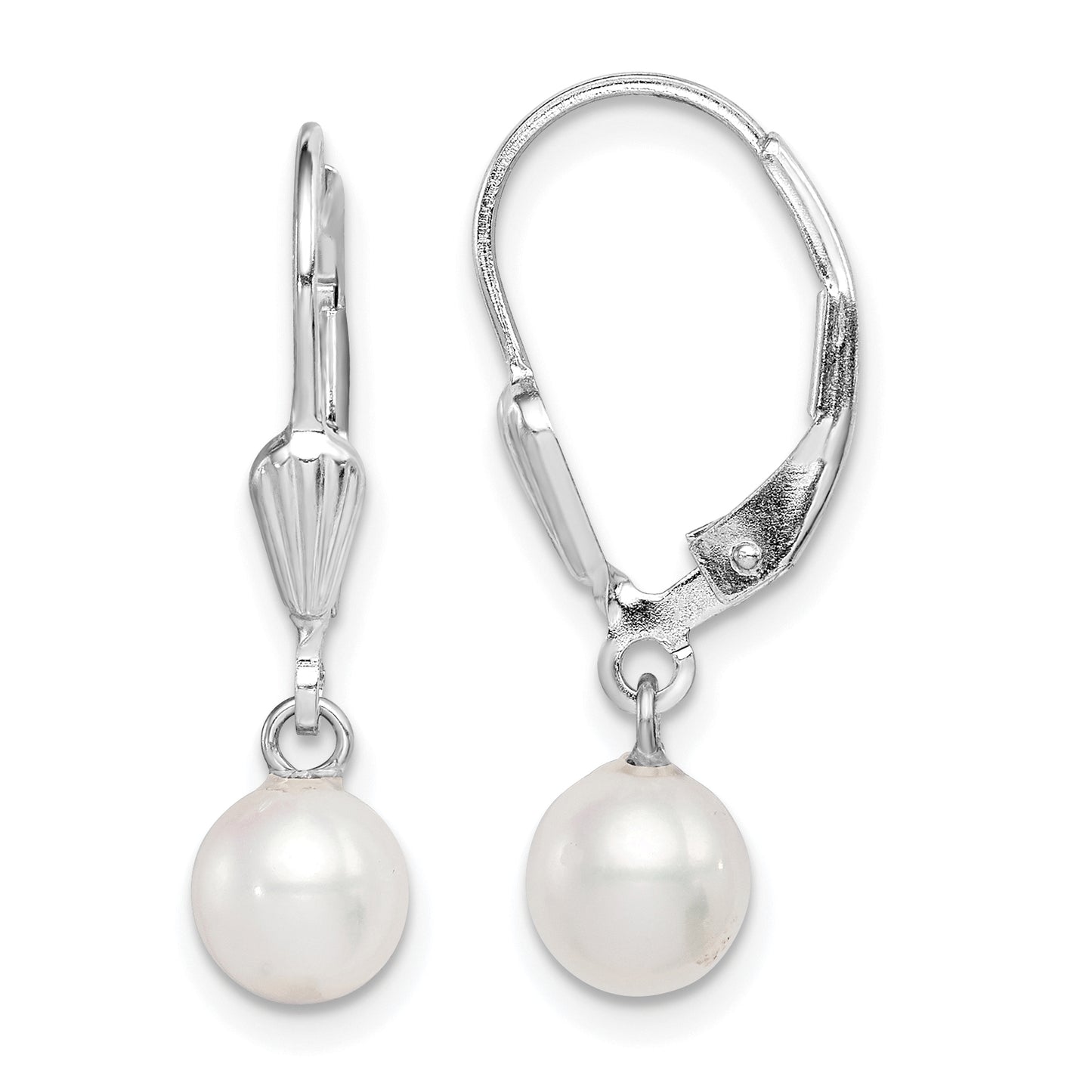 Sterling Silver Rhodium-Plated Polished & Textured White 6-7mm Freshwater Cultured Pearl Leverback Dangle Earrings