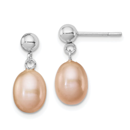 Sterling Silver Rhodium-Plated Polished Pink 7-8mm Freshwater Cultured Pearl Post Dangle Earrings