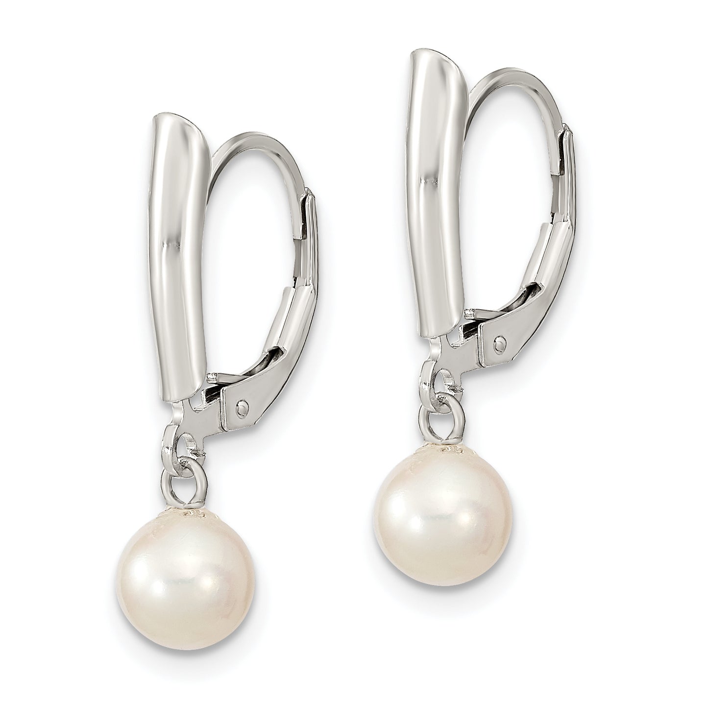 Sterling Silver Rhodium-Plated Polished White 6-7mm Freshwater Cultured Pearl Leverback Dangle Earrings