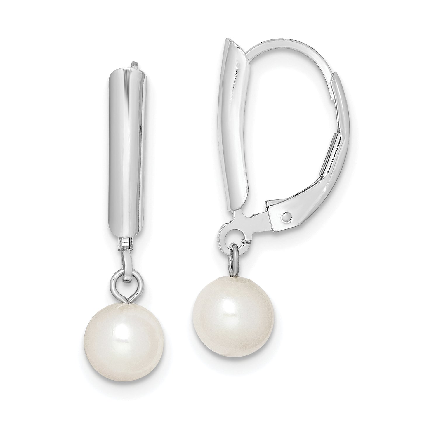 Sterling Silver Rhodium-Plated Polished White 6-7mm Freshwater Cultured Pearl Leverback Dangle Earrings