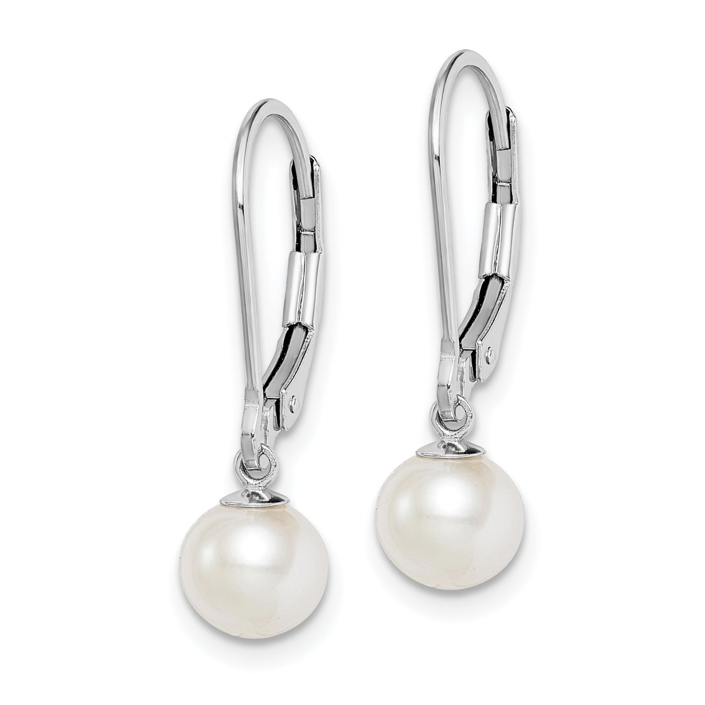 Sterling Silver Rhodium-Plated Polished White 6-7mm Freshwater Cultured Pearl Leverback Dangle Earrings