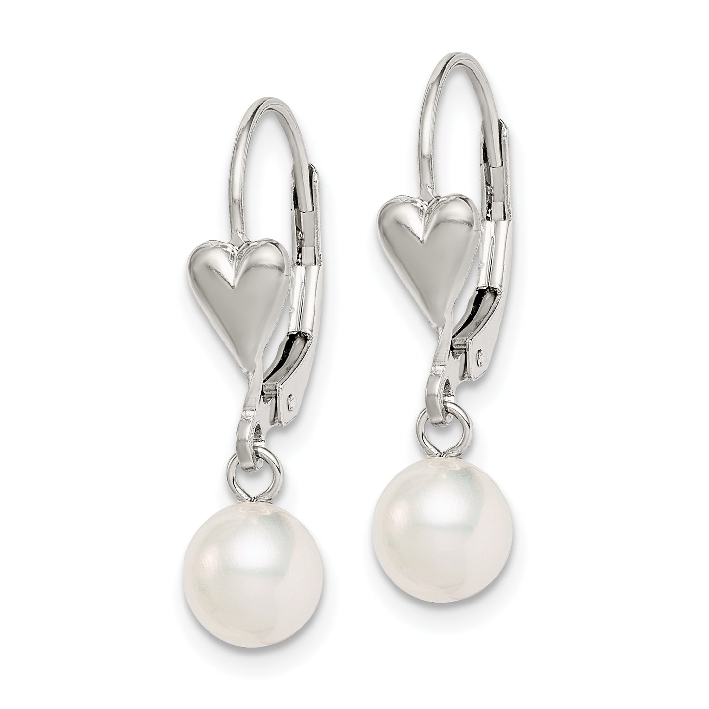 Sterling Silver Rhodium-Plated Polished White 6-7mm Freshwater Cultured Pearl Heart Leverback Dangle Earrings