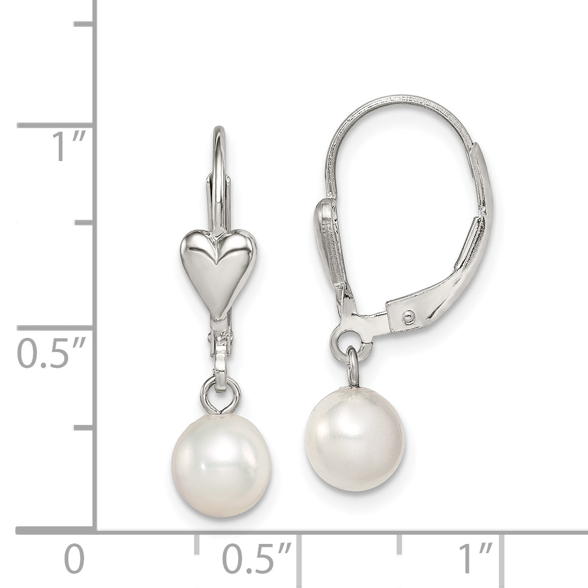 Sterling Silver Rhodium-Plated Polished White 6-7mm Freshwater Cultured Pearl Heart Leverback Dangle Earrings