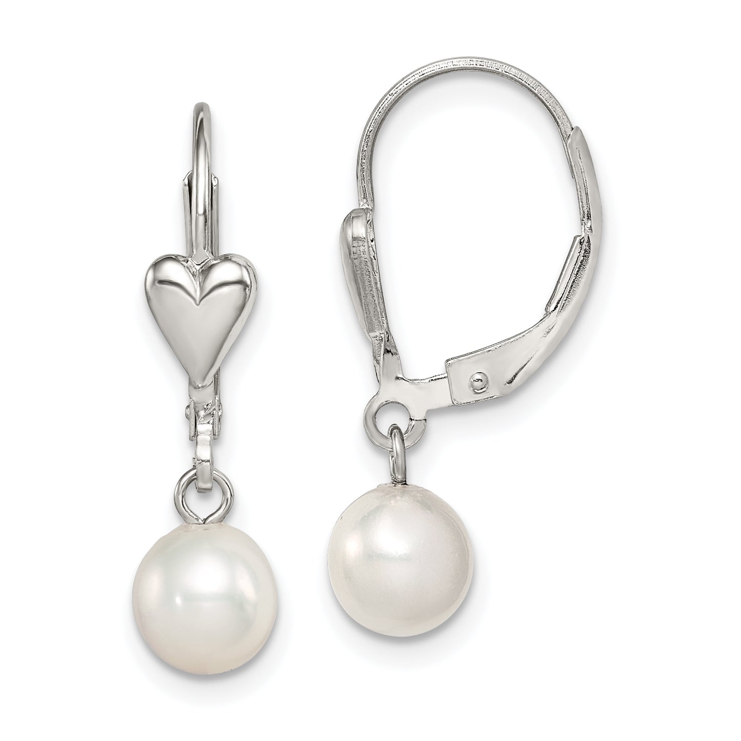 Sterling Silver Rhodium-Plated Polished White 6-7mm Freshwater Cultured Pearl Heart Leverback Dangle Earrings