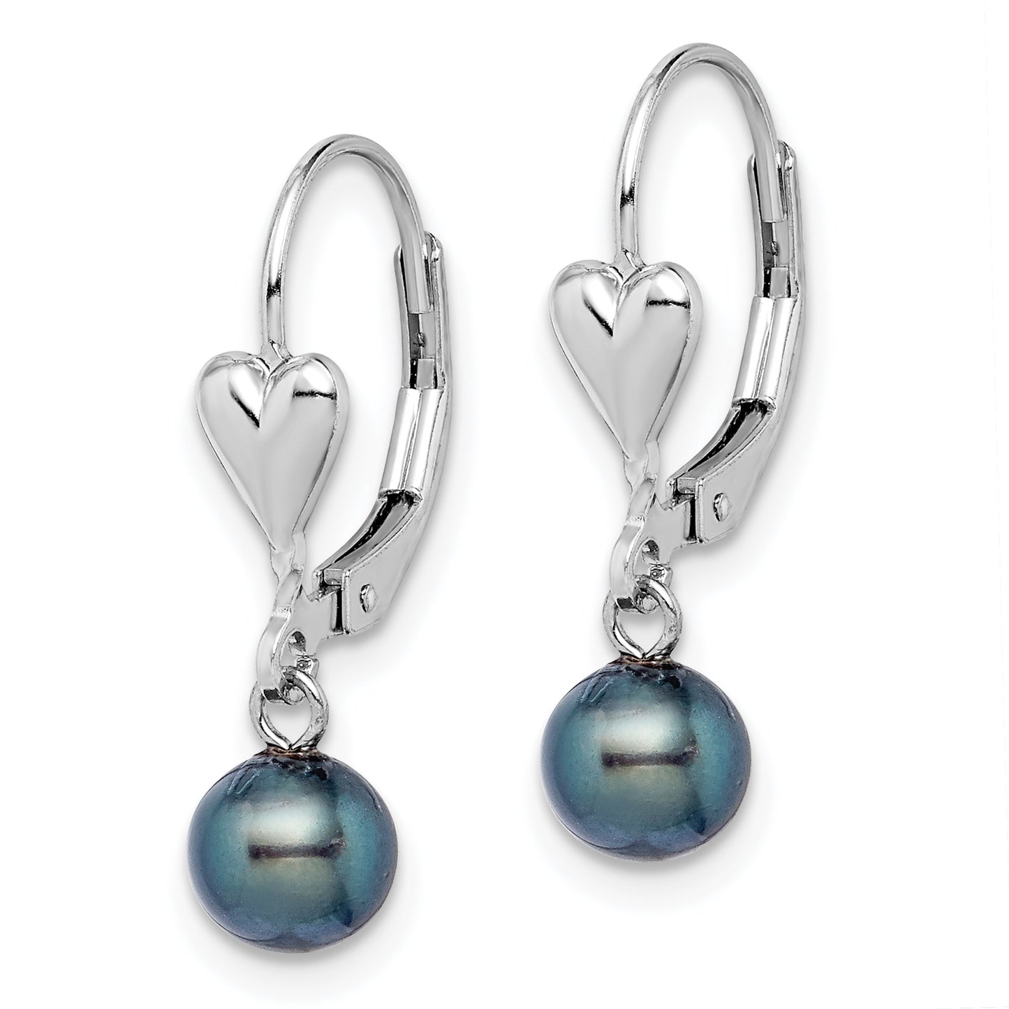 Sterling Silver Rhodium-Plated Polished 6-7mm Black Freshwater Cultured Pearl Heart Leverback Dangle Earrings