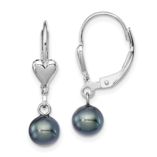 Sterling Silver Rhodium-Plated Polished 6-7mm Black Freshwater Cultured Pearl Heart Leverback Dangle Earrings