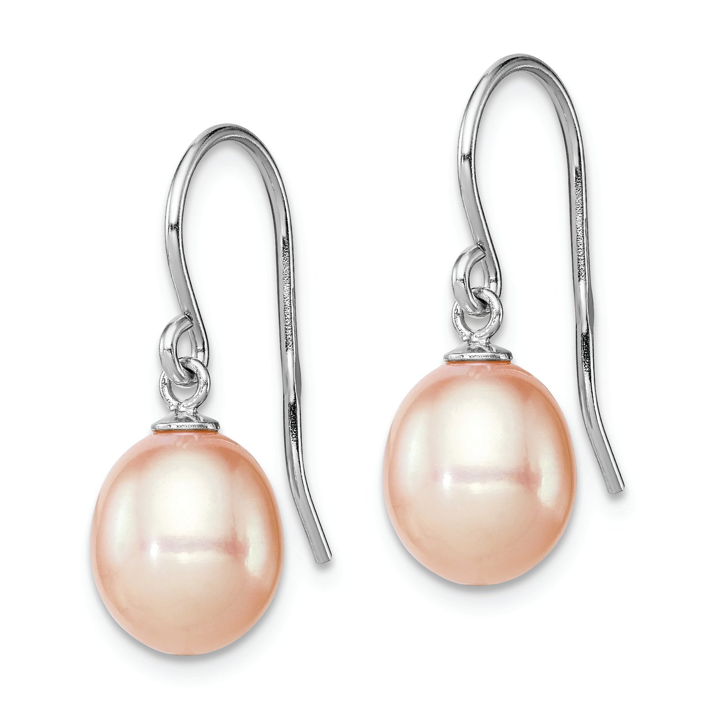 Sterling Silver Rhodium-Plated Polished Pink 8-9mm Freshwater Cultured Pearl Dangle Earrings