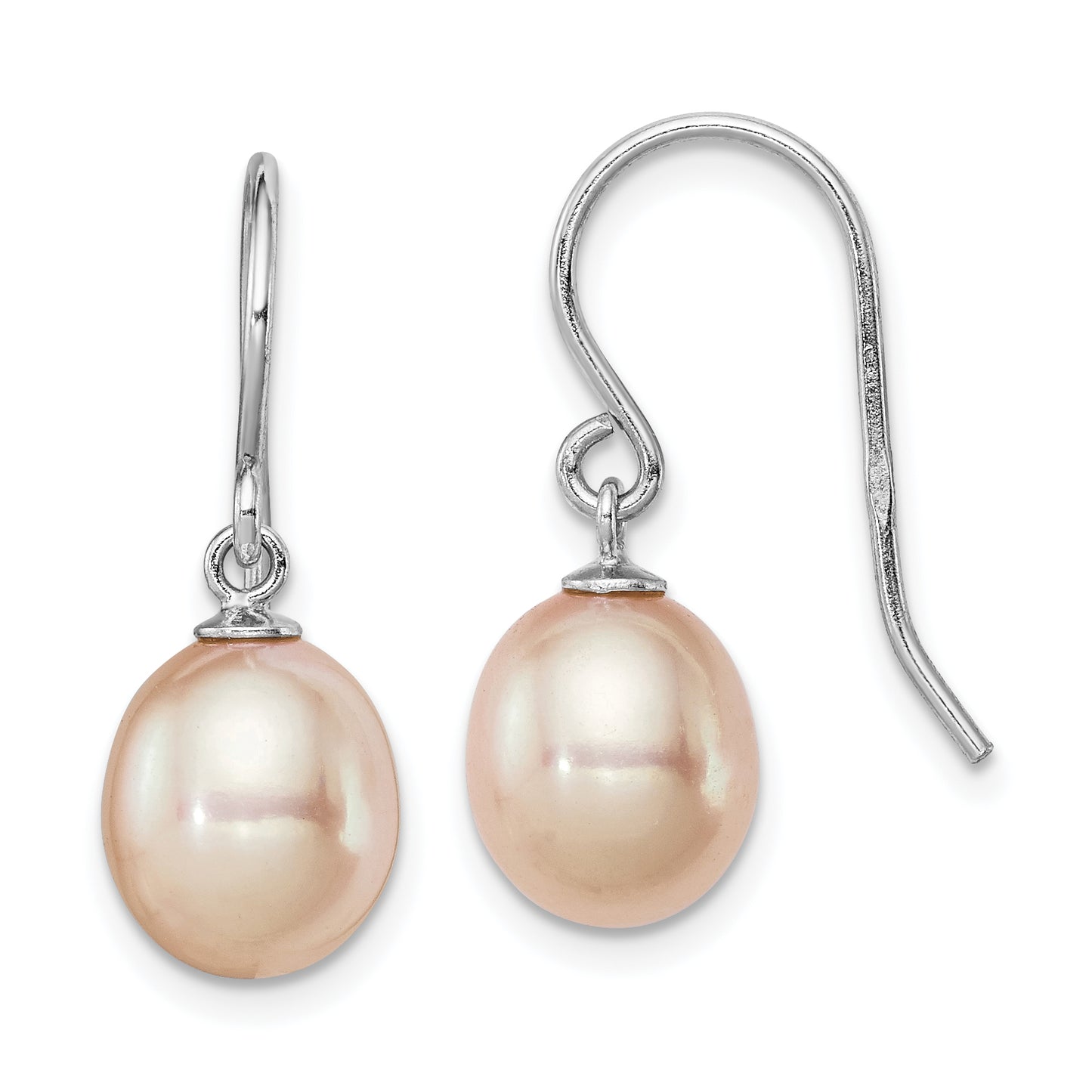 Sterling Silver Rhodium-Plated Polished Pink 8-9mm Freshwater Cultured Pearl Dangle Earrings