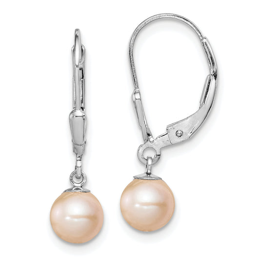 Sterling Silver Rhodium-Plated Polished Pink 6-7mm Freshwater Cultured Pearl Leverback Dangle Earrings