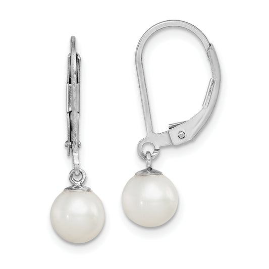 Sterling Silver Rhodium-Plated Polished White 6-7mm Freshwater Cultured Pearl Leverback Dangle Earrings