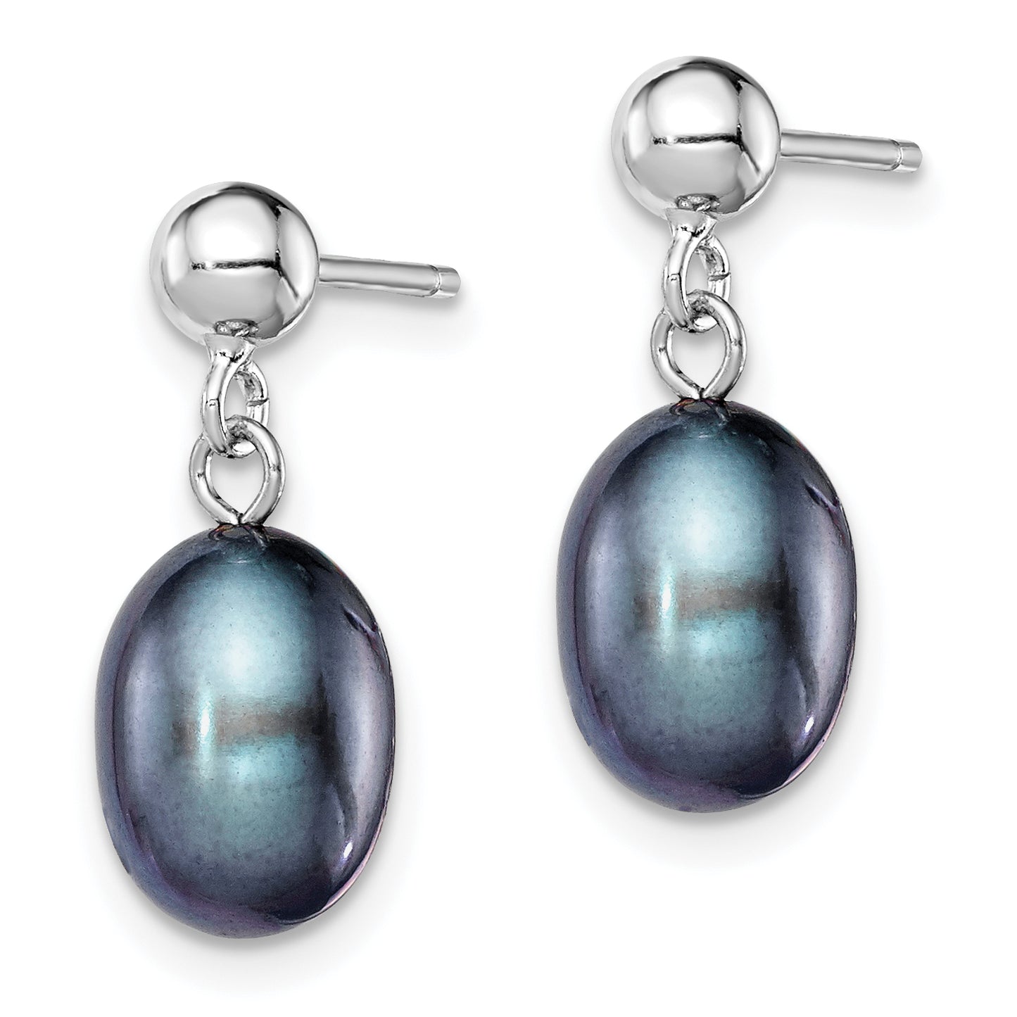 Sterling Silver Rhodium-Plated Polished 7-8mm Black Freshwater Cultured Pearl Post Dangle Earrings