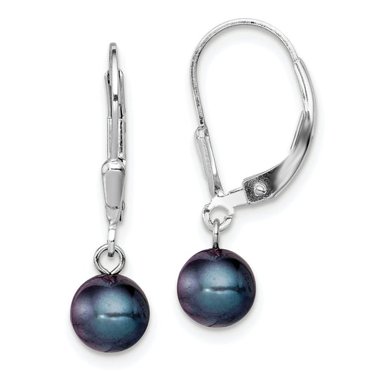 Sterling Silver Rhodium-Plated Polished 6-7mm Black Freshwater Cultured Pearl Leverback Dangle Earrings