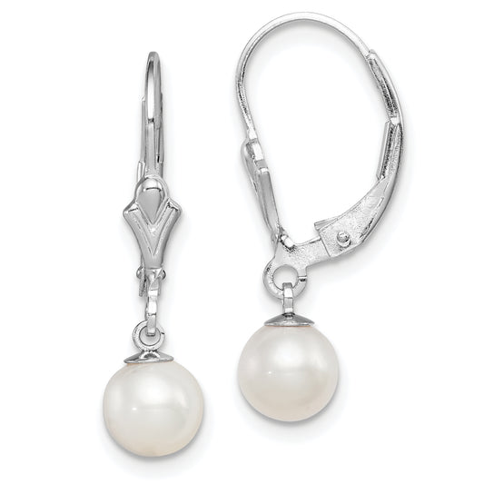 Sterling Silver Rhodium-Plated Polished White 6-7mm Freshwater Cultured Pearl Leverback Dangle Earrings