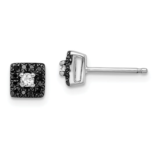 Sterling Silver White Night Rhodium-Plated Black And Diamond Square Stud Post Earrings