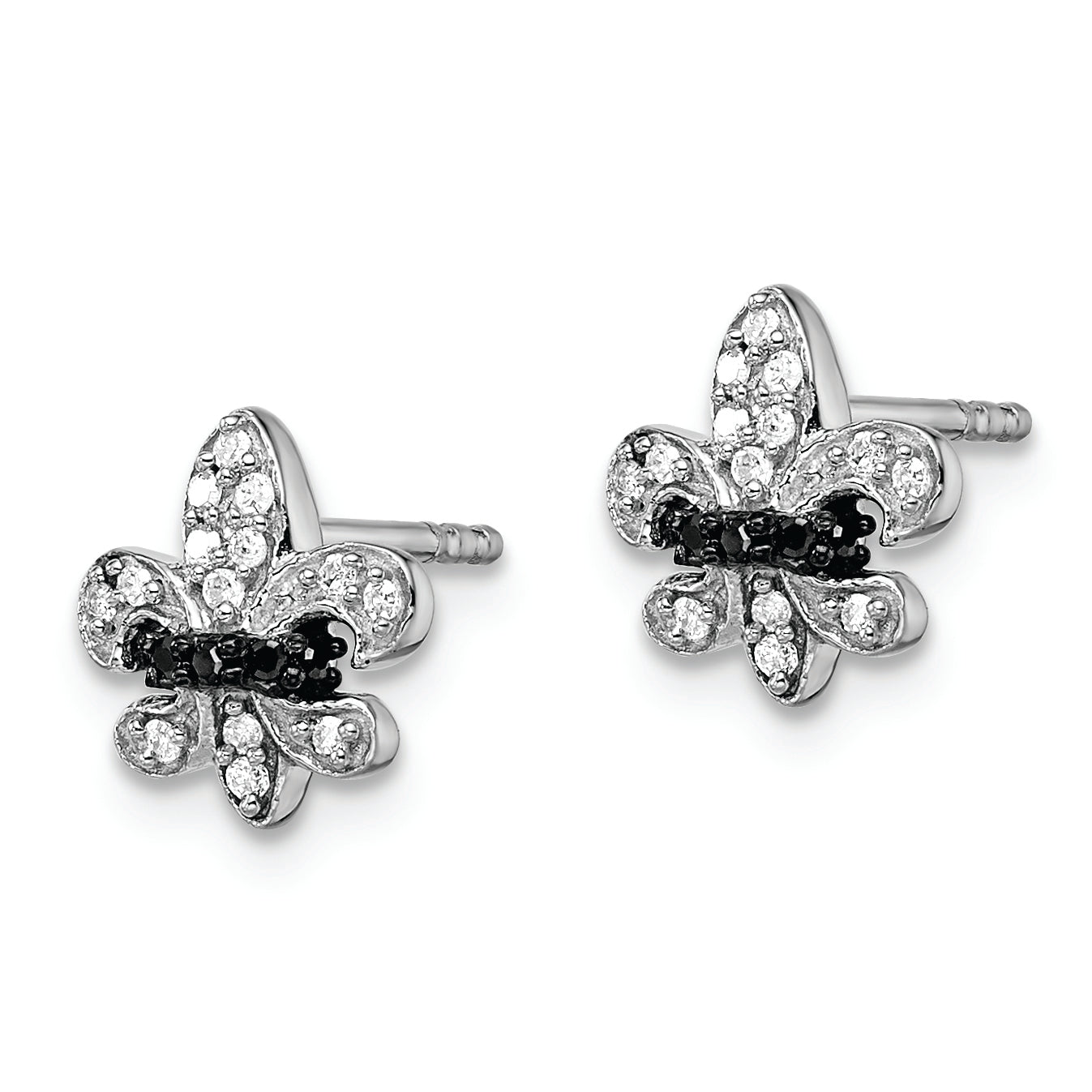 Sterling Silver White Night Rhodium-Plated Black And Diamond Fleur De Lis Post Earrings