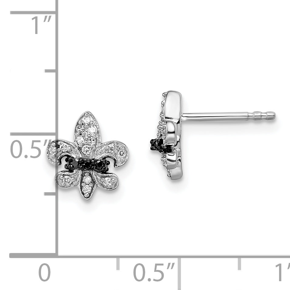 Sterling Silver White Night Rhodium-Plated Black And Diamond Fleur De Lis Post Earrings