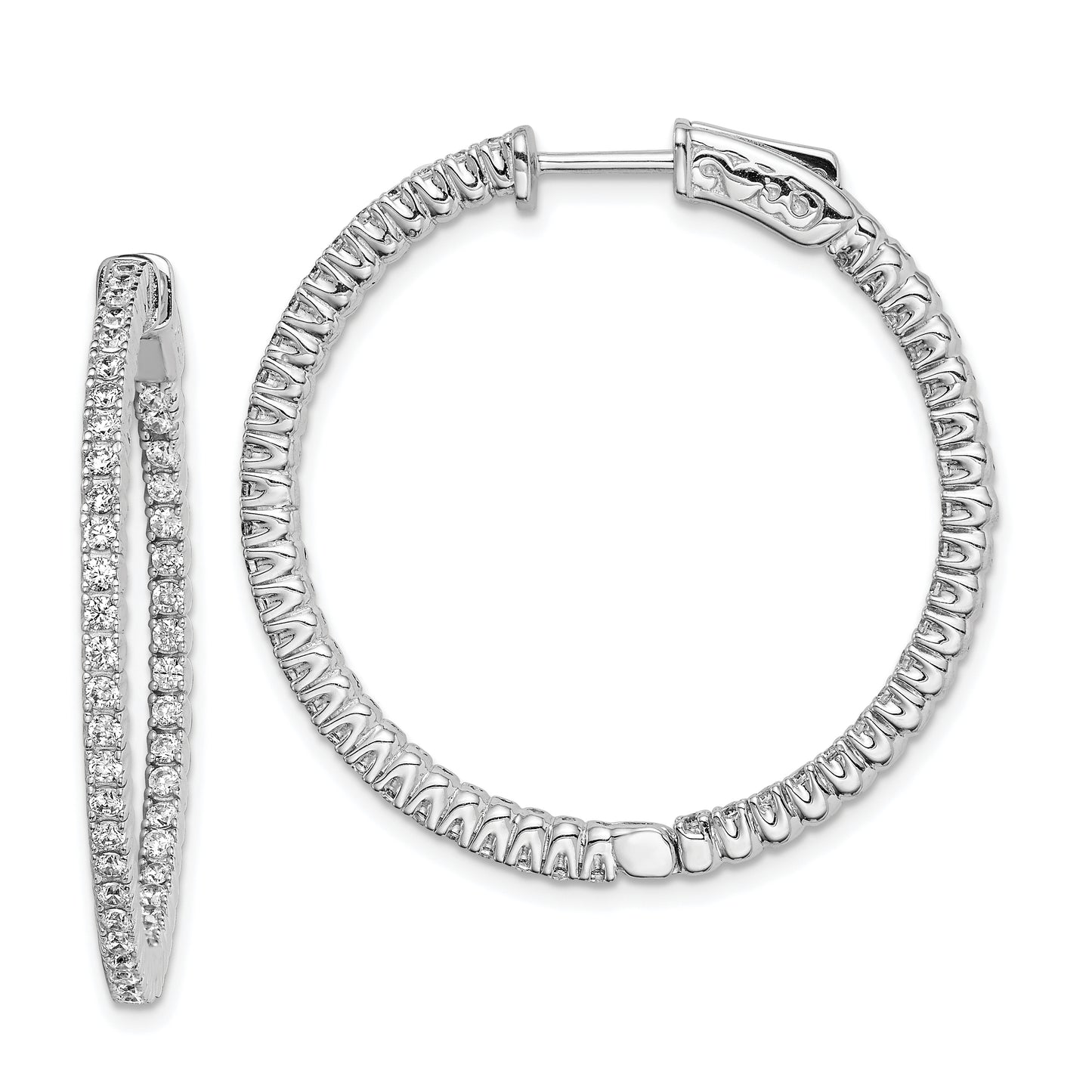 Sterling Silver Shimmer Rhodium-Plated 94 Stone 1.5mm Cz In And Out Round Hinged Hoop Earrings