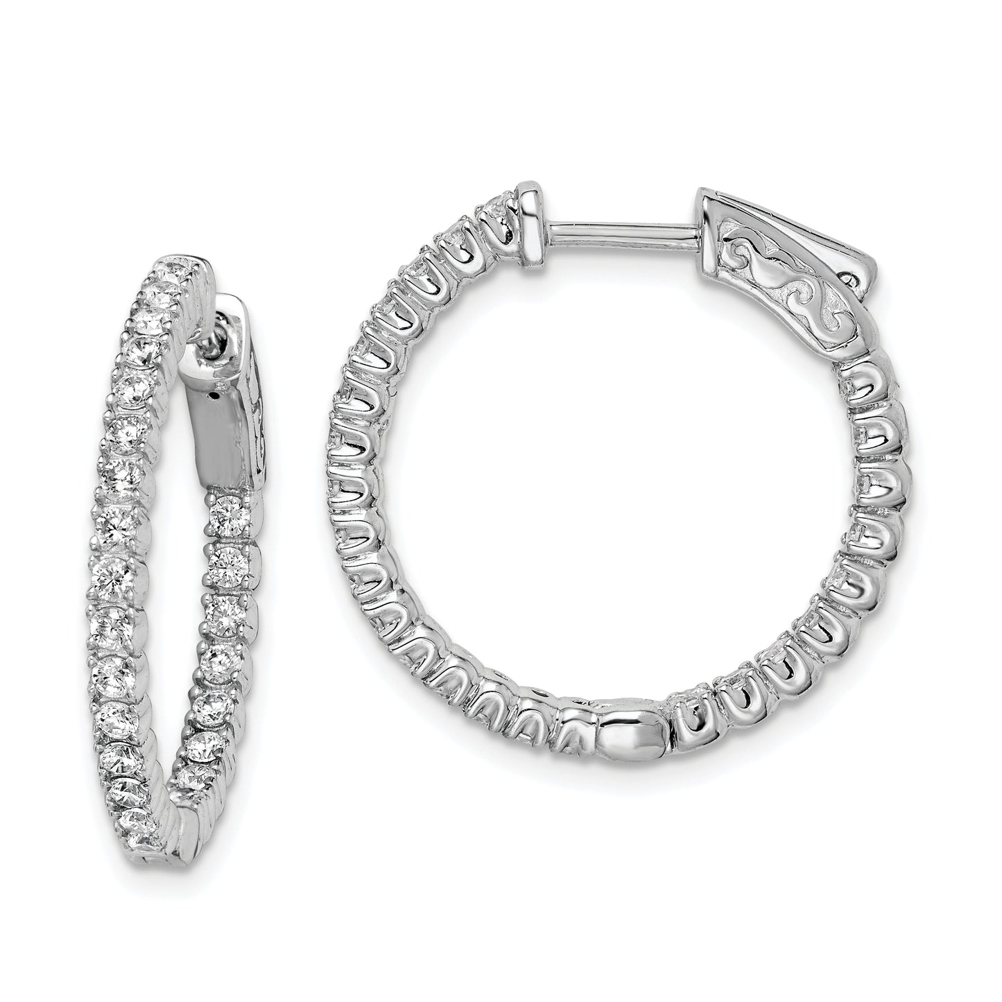 Sterling Silver Shimmer Rhodium-Plated 50 Stone 1.7mm Cz In And Out Round Hinged Hoop Earrings