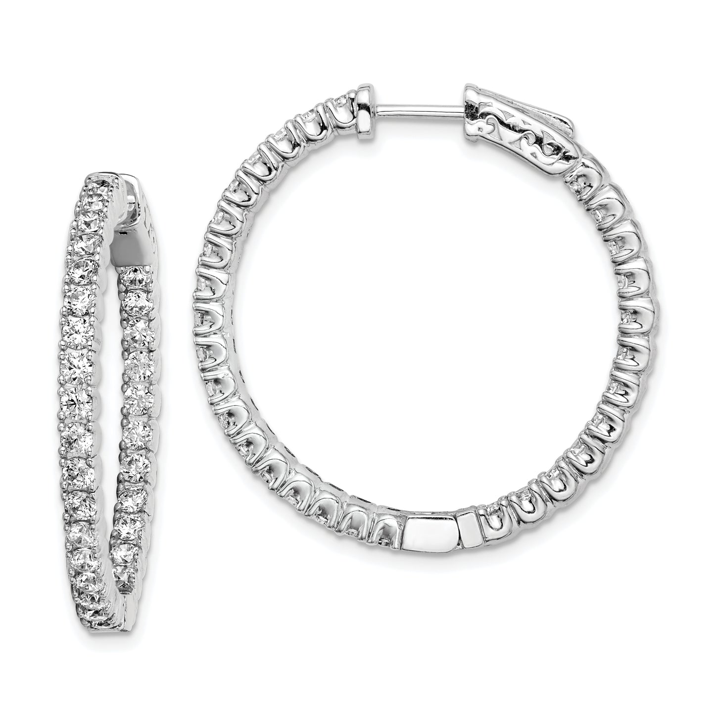 Sterling Silver Shimmer Rhodium-Plated 60 Stone 2.25mm Cz In And Out Round Hinged Hoop Earrings