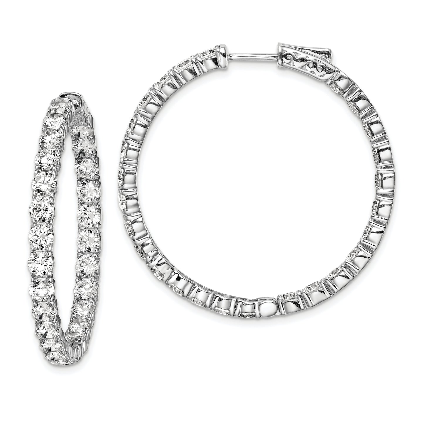 Sterling Silver Shimmer Rhodium-Plated 52 Stone 3.5mm Cz In And Out Round Hinged Hoop Earrings