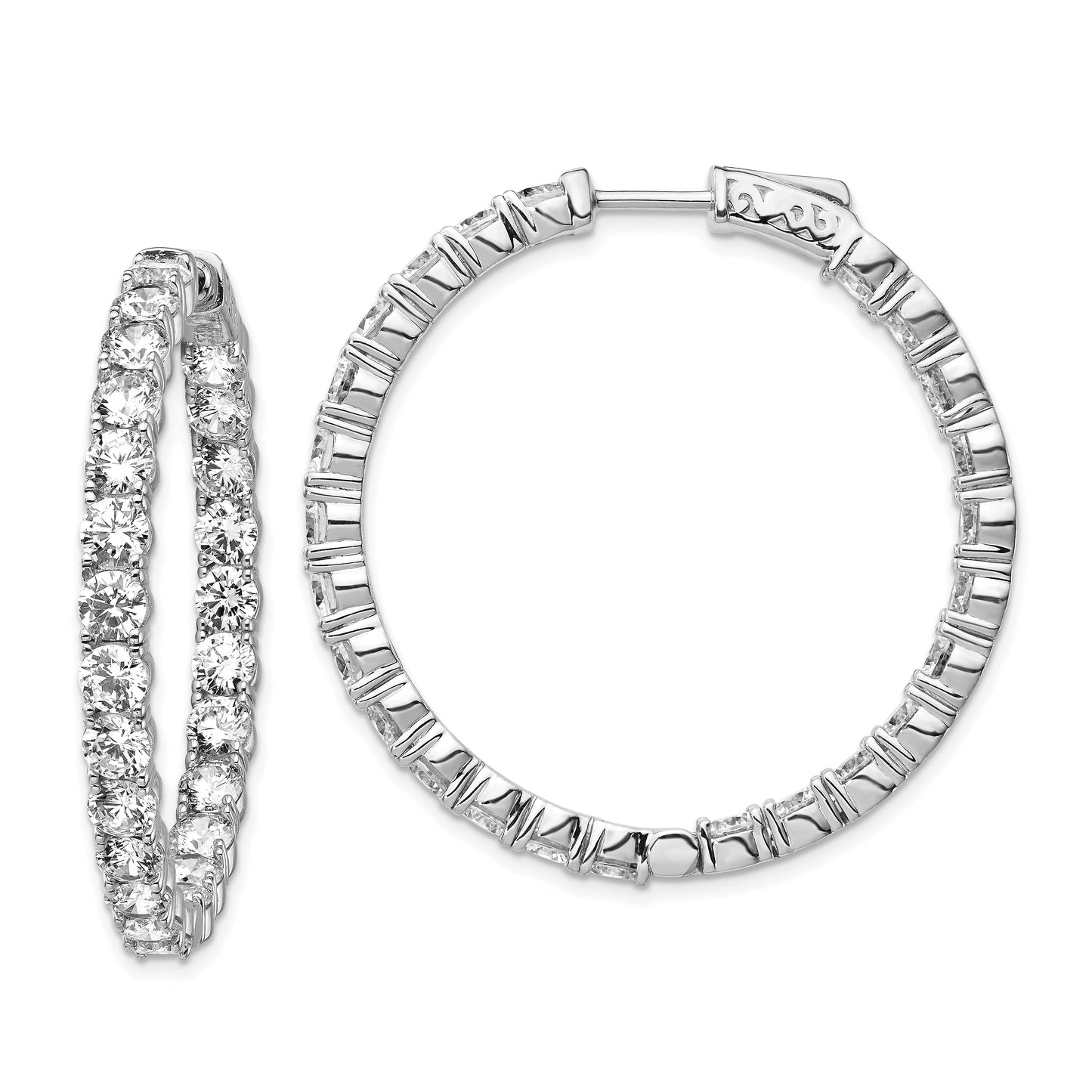 Sterling Silver Shimmer Rhodium-Plated 50 Stone 3.75mm Cz In And Out Round Hinged Hoop Earrings