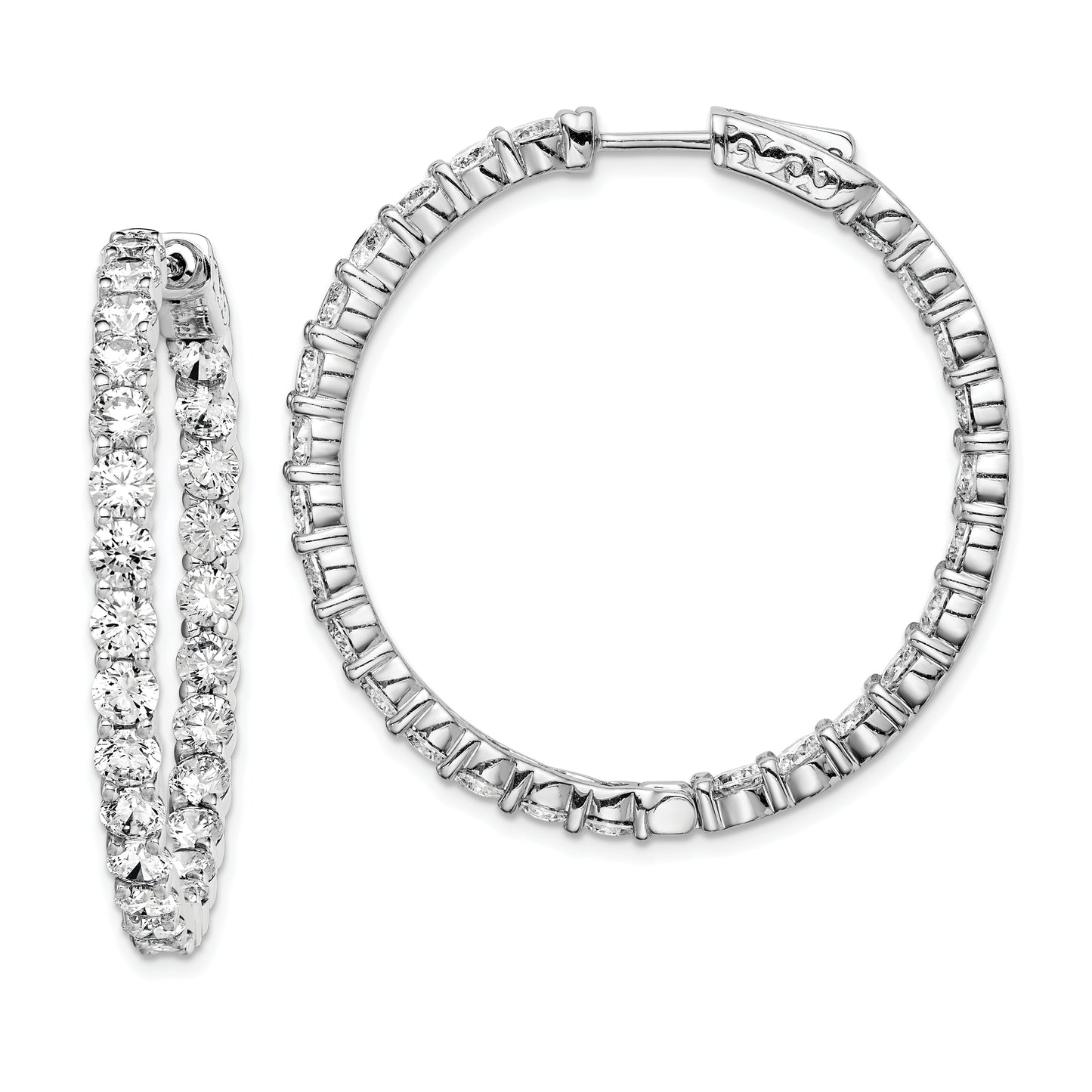 Sterling Silver Shimmer Rhodium-Plated 52 Stone 3.5mm Cz In And Out Round Hinged Hoop Earrings