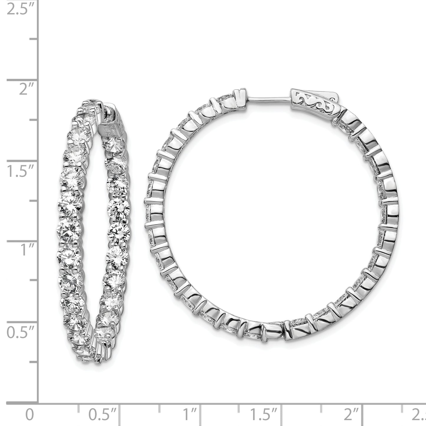 Sterling Silver Shimmer Rhodium-Plated 50 Stone 3.75mm Cz In And Out Round Hinged Hoop Earrings