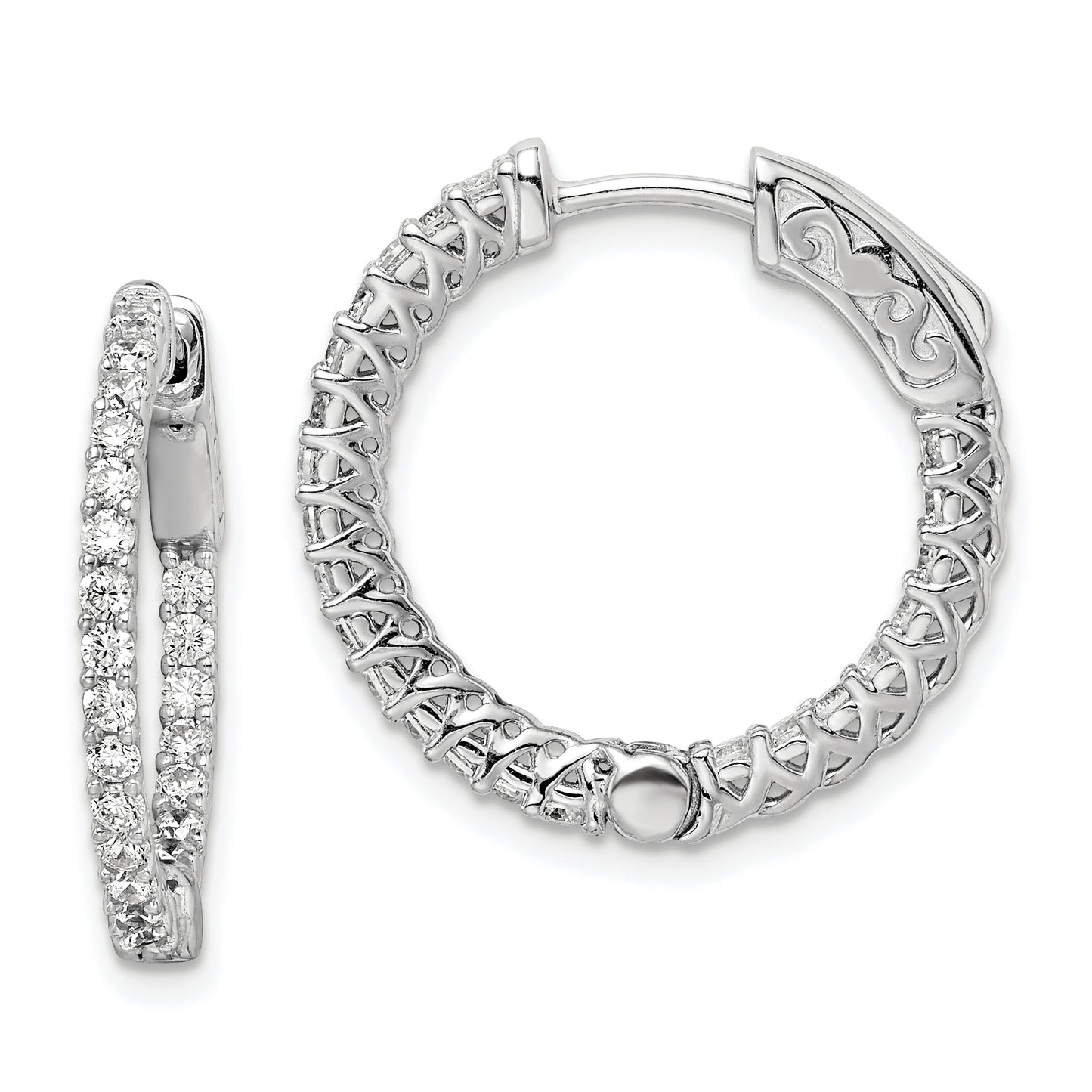 Sterling Silver Shimmer Rhodium-Plated 46 Stone 1.7mm Cz In And Out Round Hinged Hoop Earrings