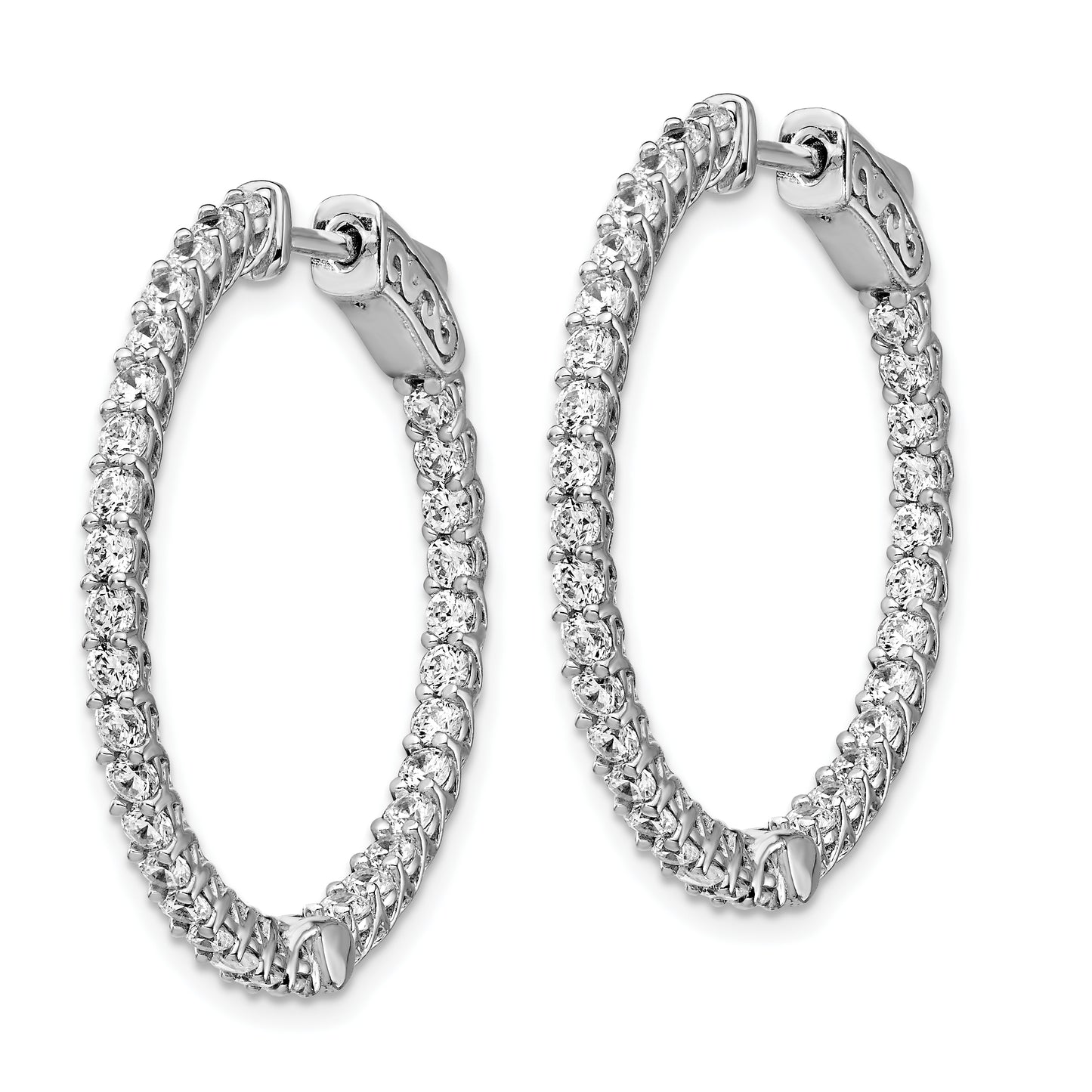 Sterling Silver Shimmer Rhodium-Plated 64 Stone 2mm Cz In And Out Round Hinged Hoop Earrings