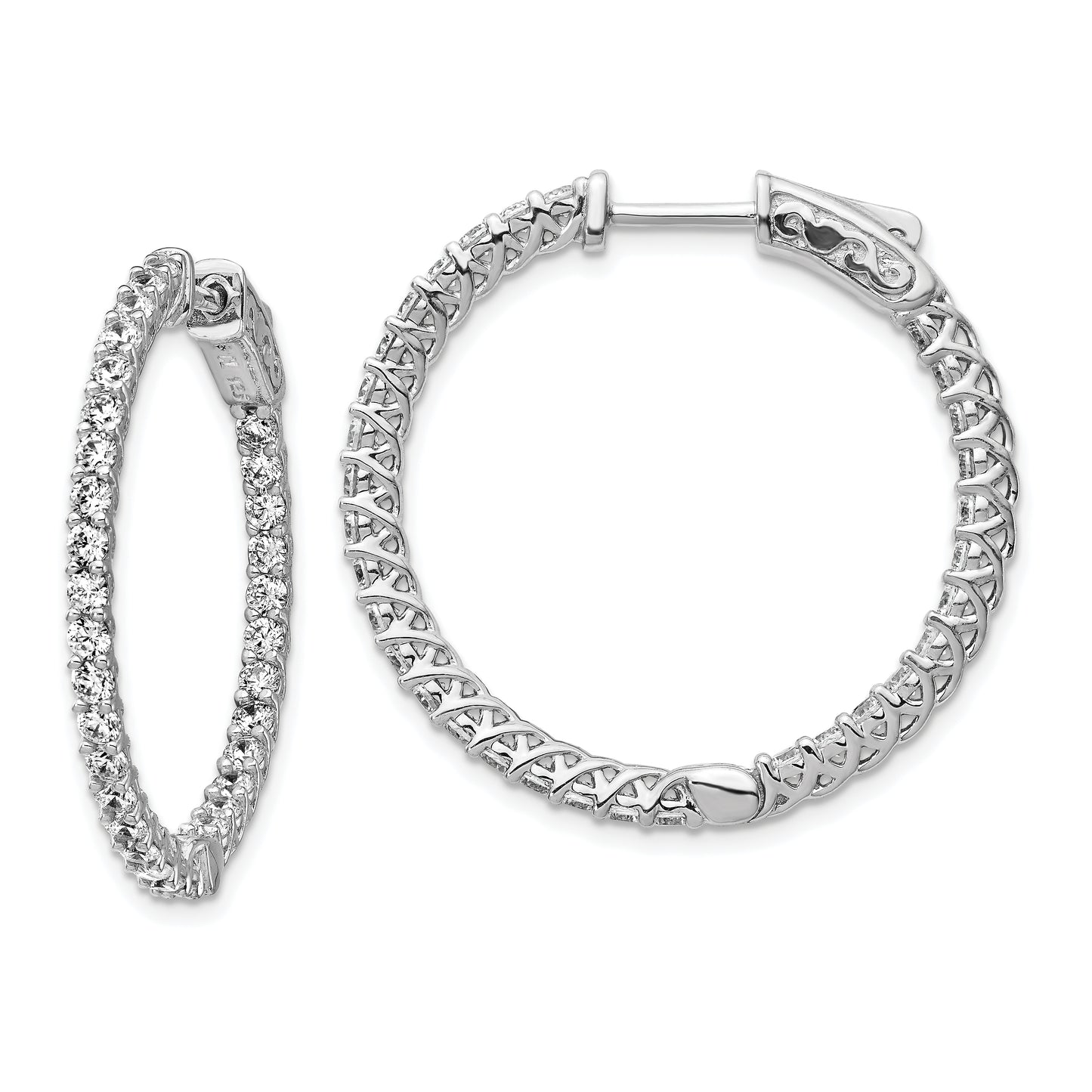 Sterling Silver Shimmer Rhodium-Plated 64 Stone 2mm Cz In And Out Round Hinged Hoop Earrings