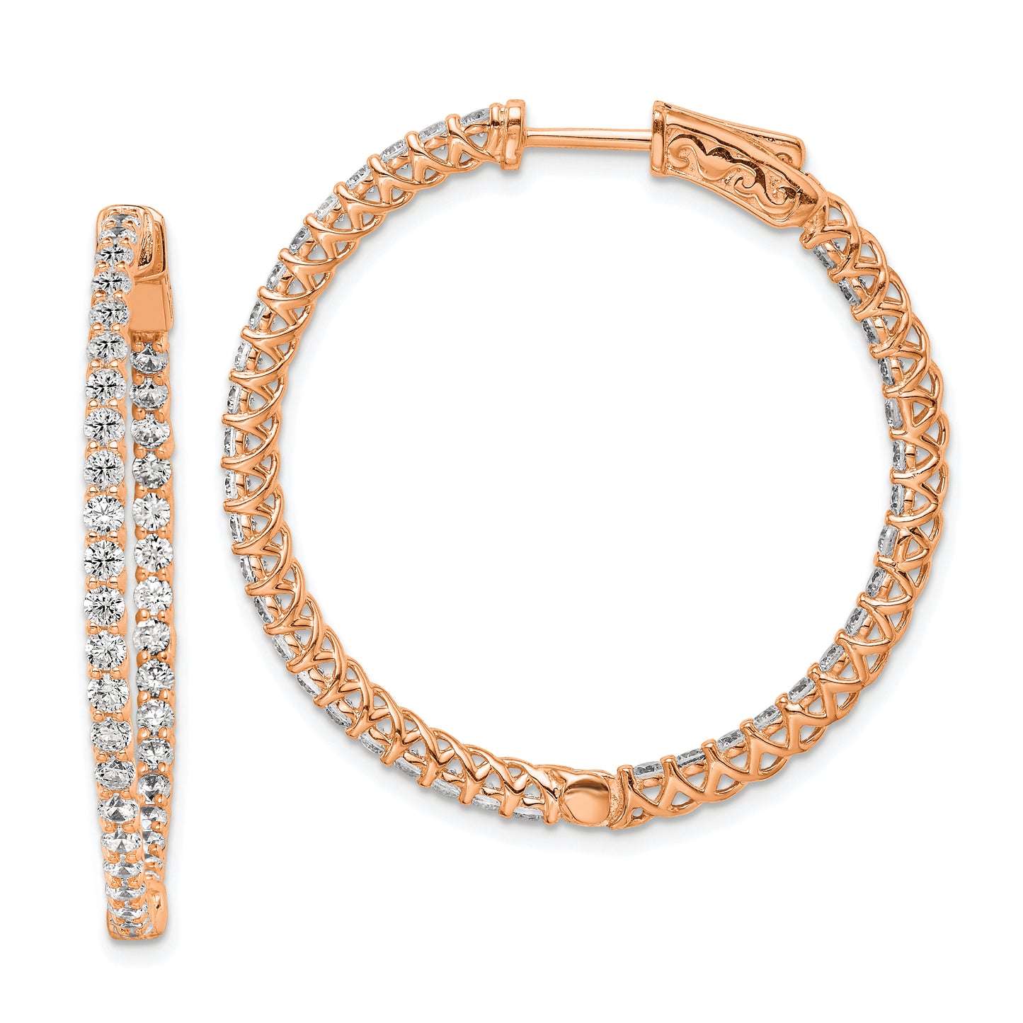 Sterling Silver Shimmer Rose-Tone Flash Rose Gold-Plated 78 Stone 2mm Cz In And Out Round Hinged Hoop Earrings