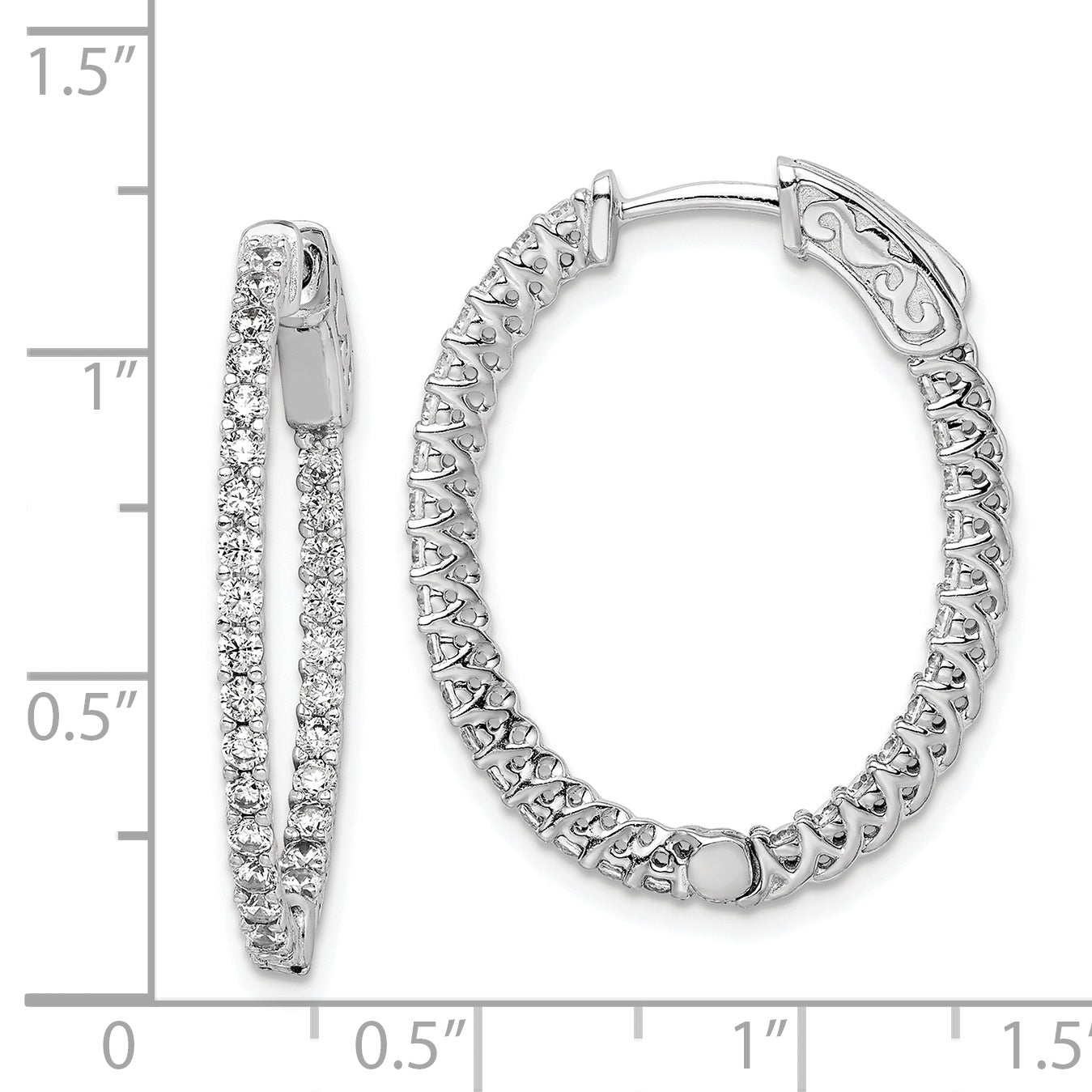 Sterling Silver Shimmer Rhodium-Plated 60 Stone 1.7mm Cz In And Out Oval Hinged Hoop Earrings