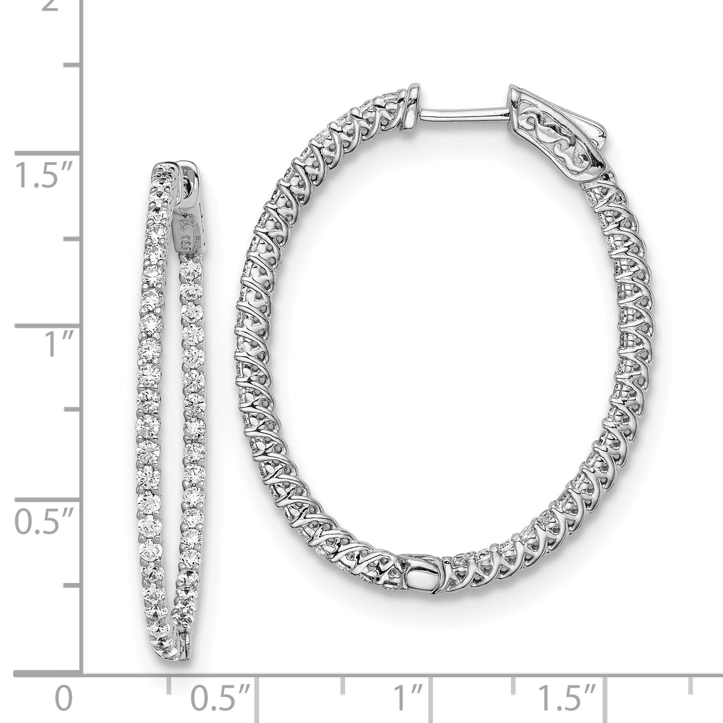 Sterling Silver Shimmer Rhodium-Plated 88 Stone 1.7mm Cz In And Out Oval Hinged Hoop Earrings