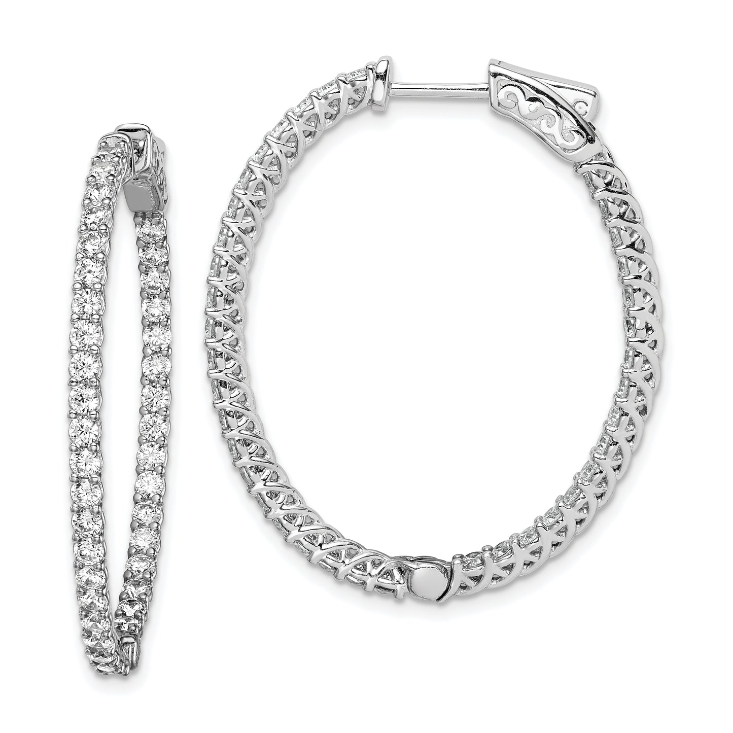 Sterling Silver Shimmer Rhodium-Plated 76 Stone 2mm Cz In And Out Oval Hinged Hoop Earrings