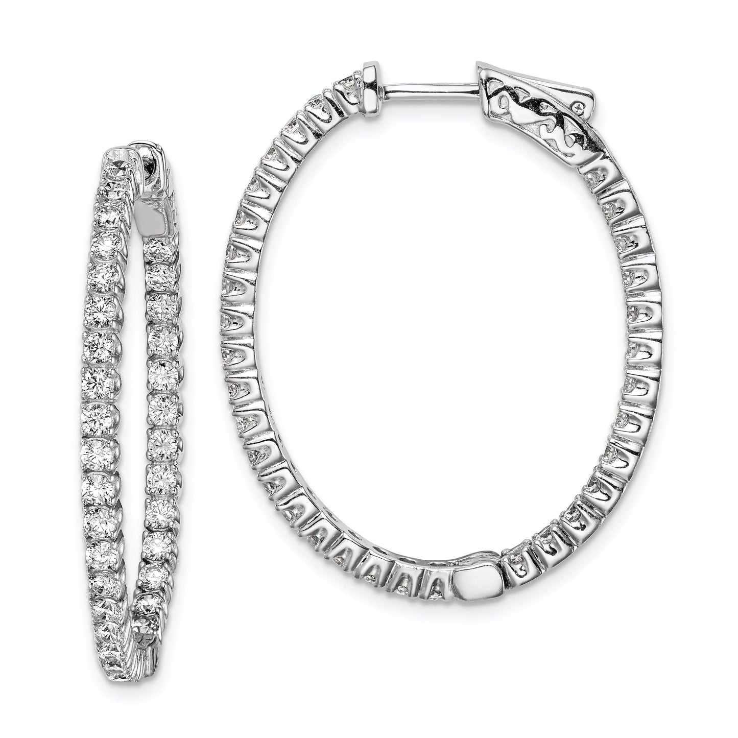 Sterling Silver Shimmer Rhodium-Plated 66 Stone 2.0mm Cz In And Out Oval Hinged Hoop Earrings