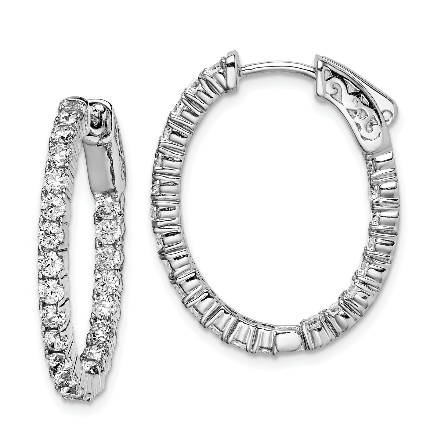 Sterling Silver Shimmer Rhodium-Plated 44 Stone 2.3mm Cz In And Out Oval Hinged Hoop Earrings