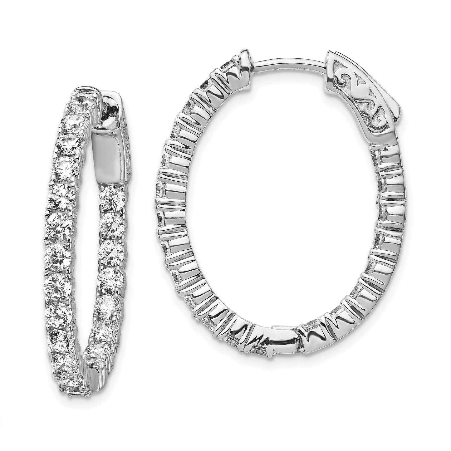 Sterling Silver Shimmer Rhodium-Plated 42 Stone 2.5mm Cz In And Out Oval Hinged Hoop Earrings