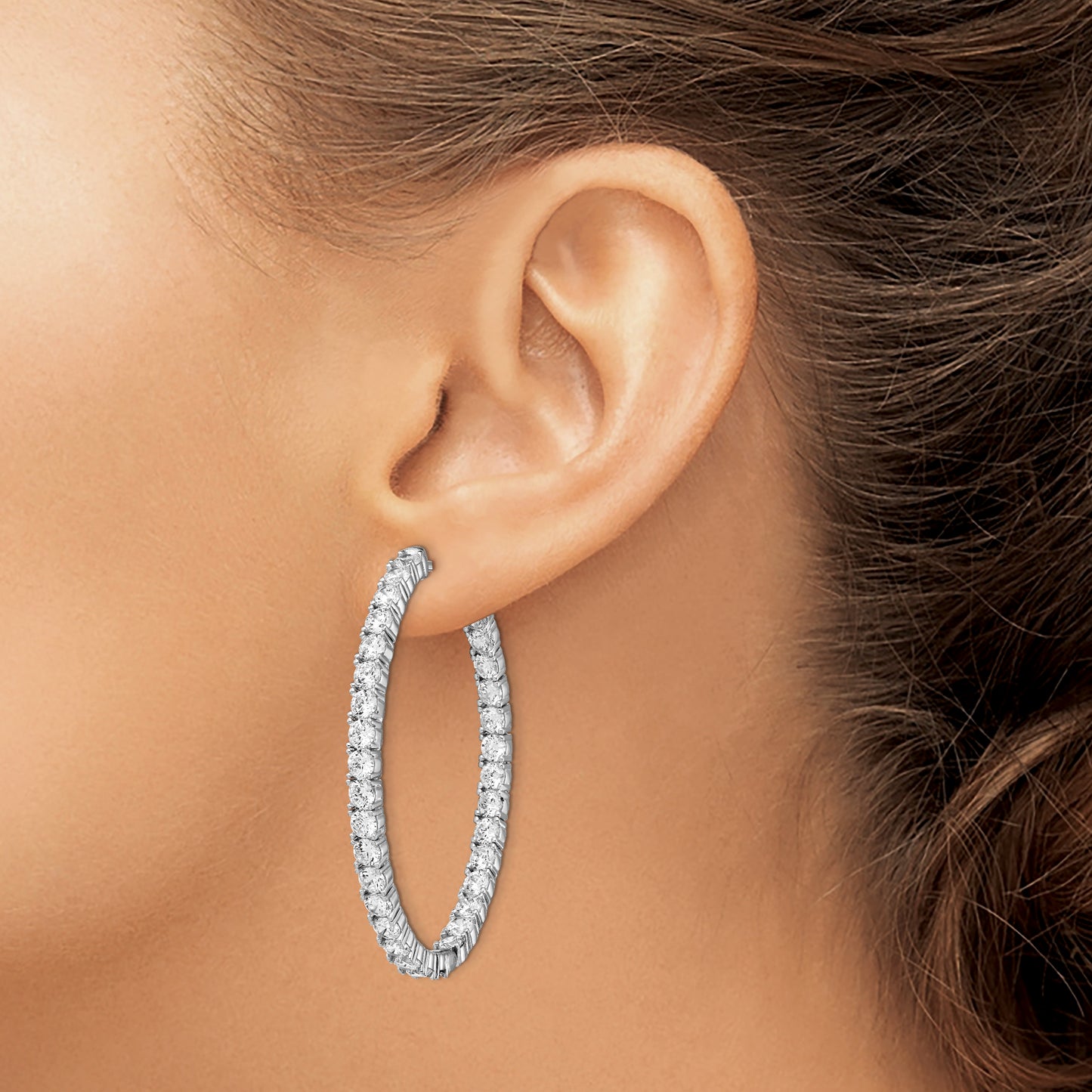 Sterling Silver Shimmer Rhodium-Plated 66 Stone 3.0mm Cz In And Out Oval Hinged Hoop Earrings