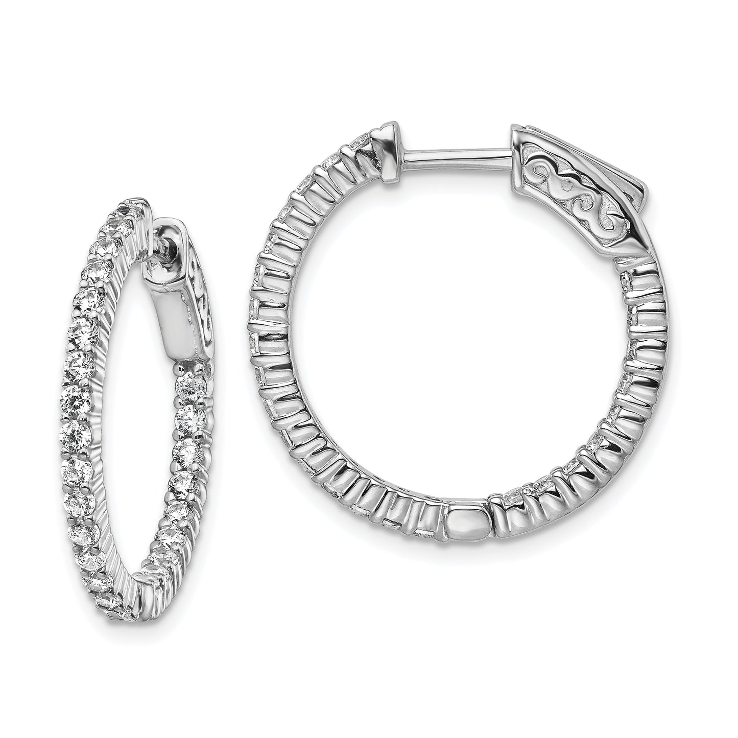 Sterling Silver Shimmer Rhodium-Plated 50 Stone 1.7mm Cz In And Out Round Hinged Hoop Earrings