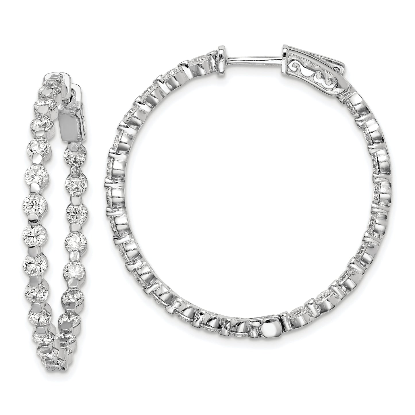 Sterling Silver Shimmer Rhodium-Plated 46 Stone 2.75mm Cz In And Out Round Hinged Hoop Earrings