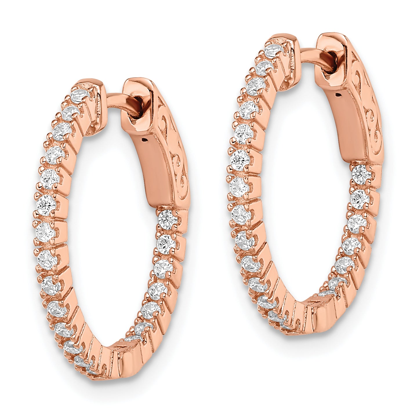 Sterling Silver Shimmer Rose-Tone Rose Gold-Plated 42 Stone 1.3mm Cz In And Out Round Hinged Hoop Earrings