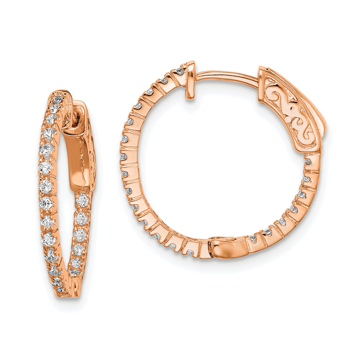 Sterling Silver Shimmer Rose-Tone Rose Gold-Plated 42 Stone 1.3mm Cz In And Out Round Hinged Hoop Earrings