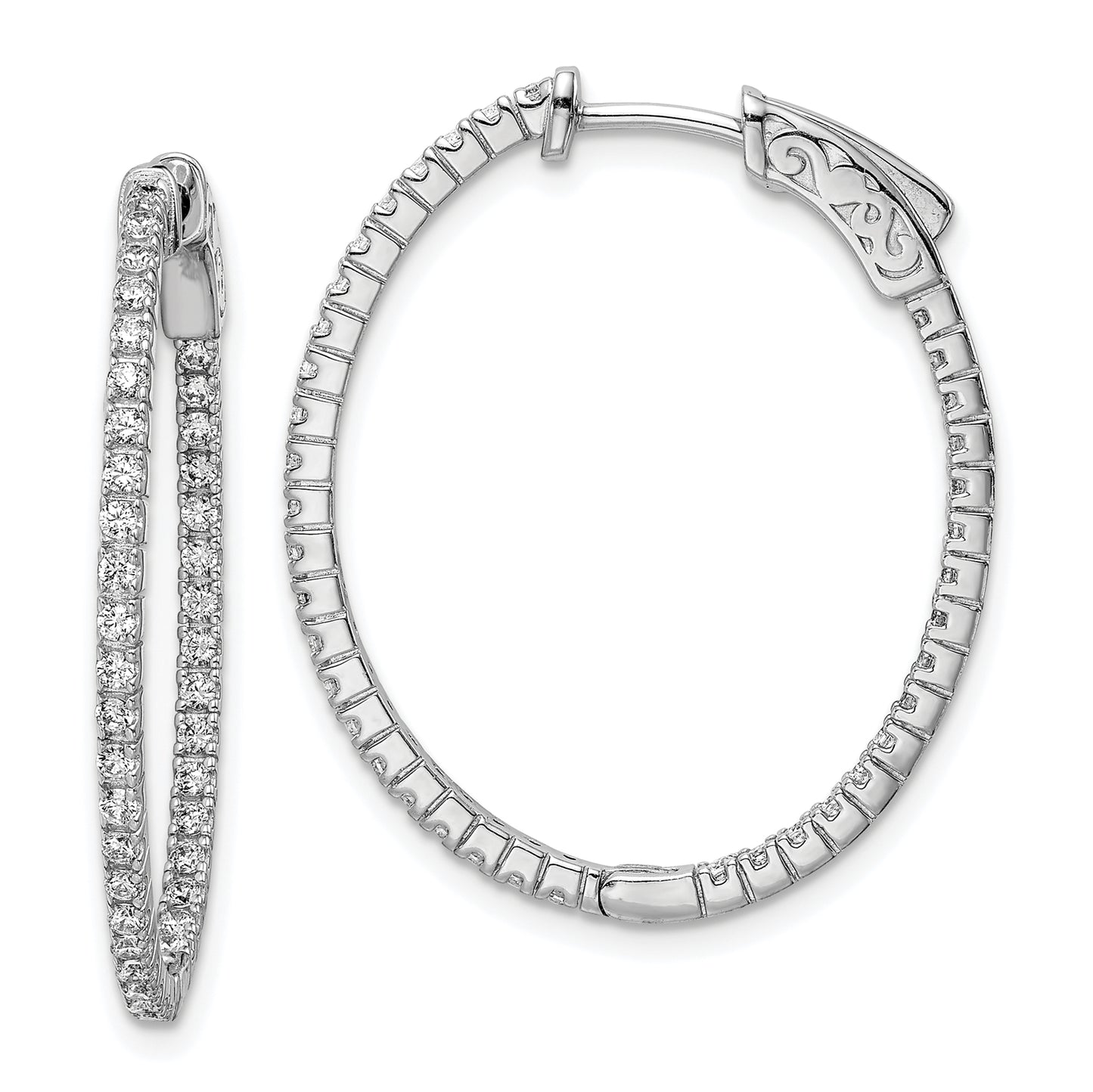 Sterling Silver Shimmer Rhodium-Plated 78 Stone 1.3mm Cz In And Out Oval Hinged Hoop Earrings