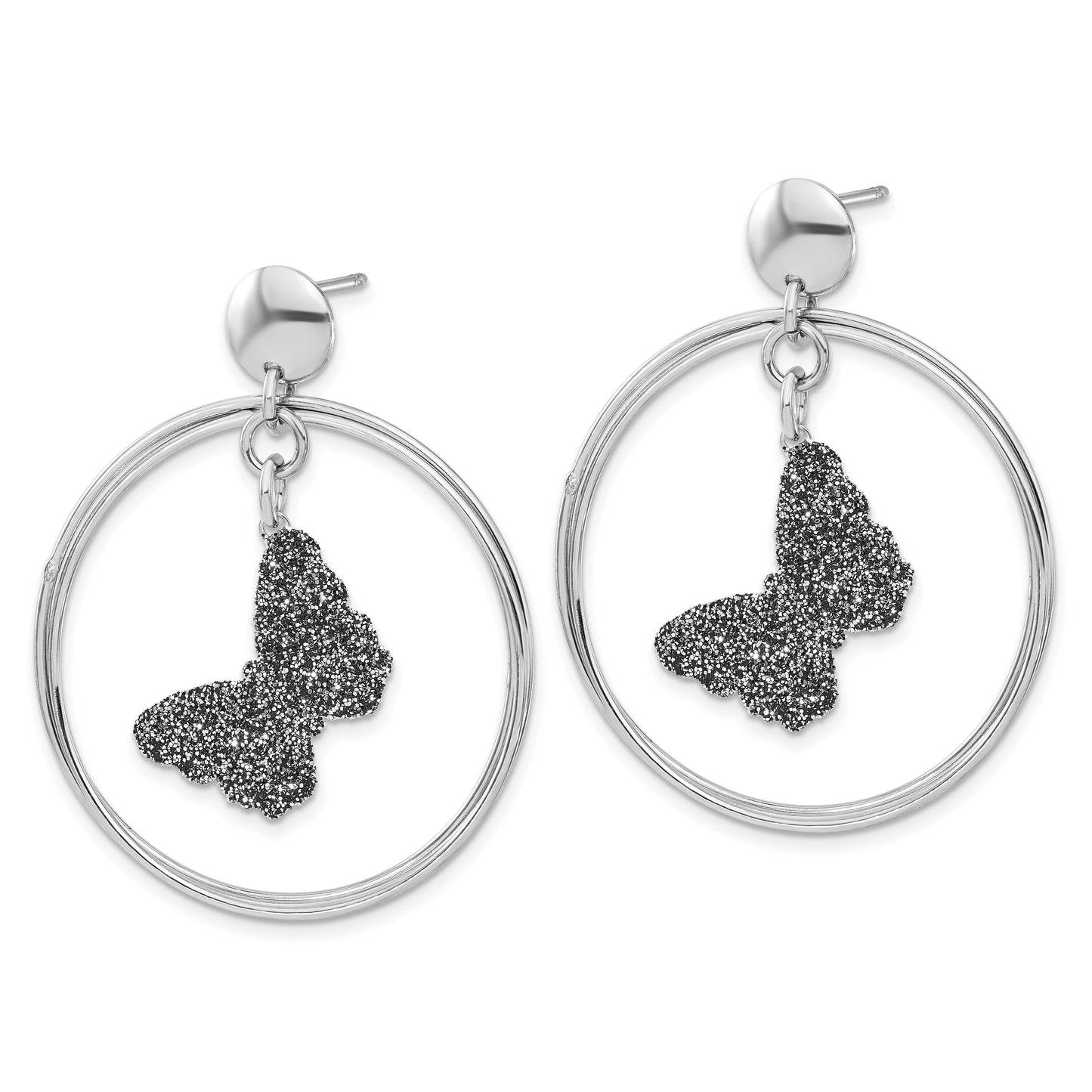 Sterling Silver Rhodium-Plated Glitter Enamel Butterfly Dangle Earrings