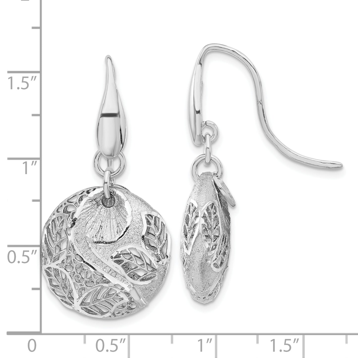 Sterling Silver Rhodium Plated Textured Leaf Circle Dangle Earrings