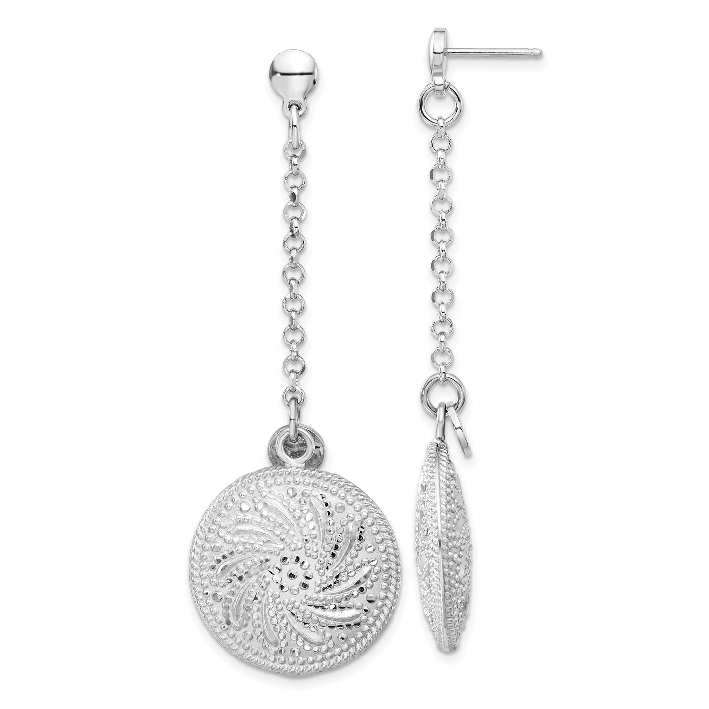 Sterling Silver Rhodium Plated D/C Circle Discs Post Dangle Earrings