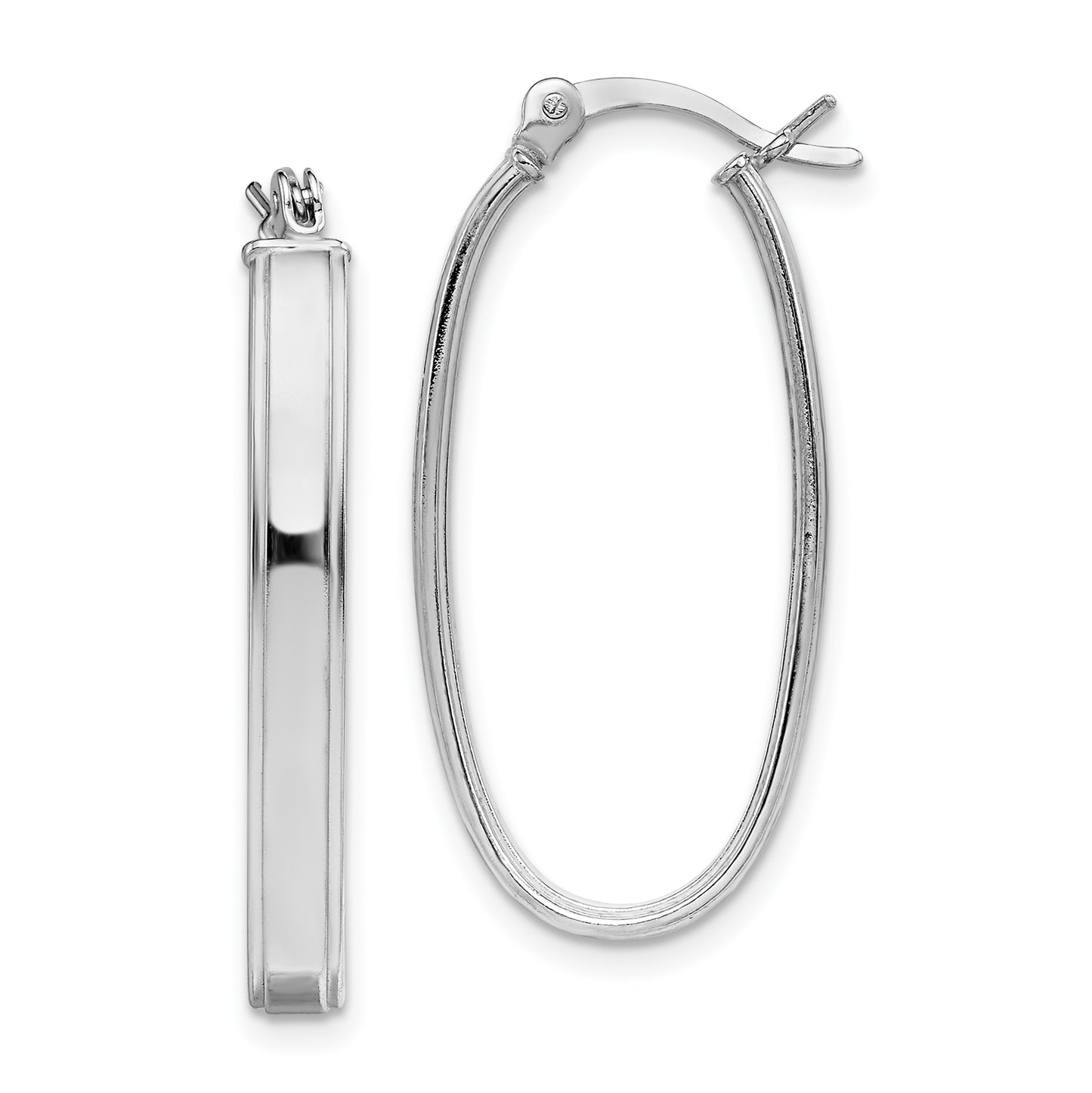 Sterling Silver Rhodium-Plated Beveled Edge 4mm Oval Hoop Earrings