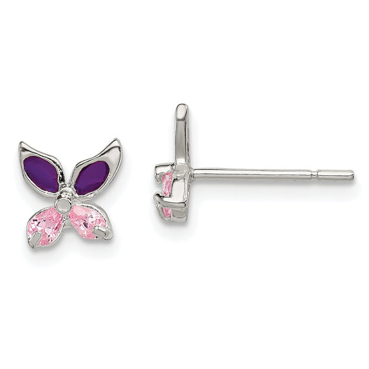 Sterling Silver Pink Cz & Purple Enamel Butterfly Children'S Post Earrings